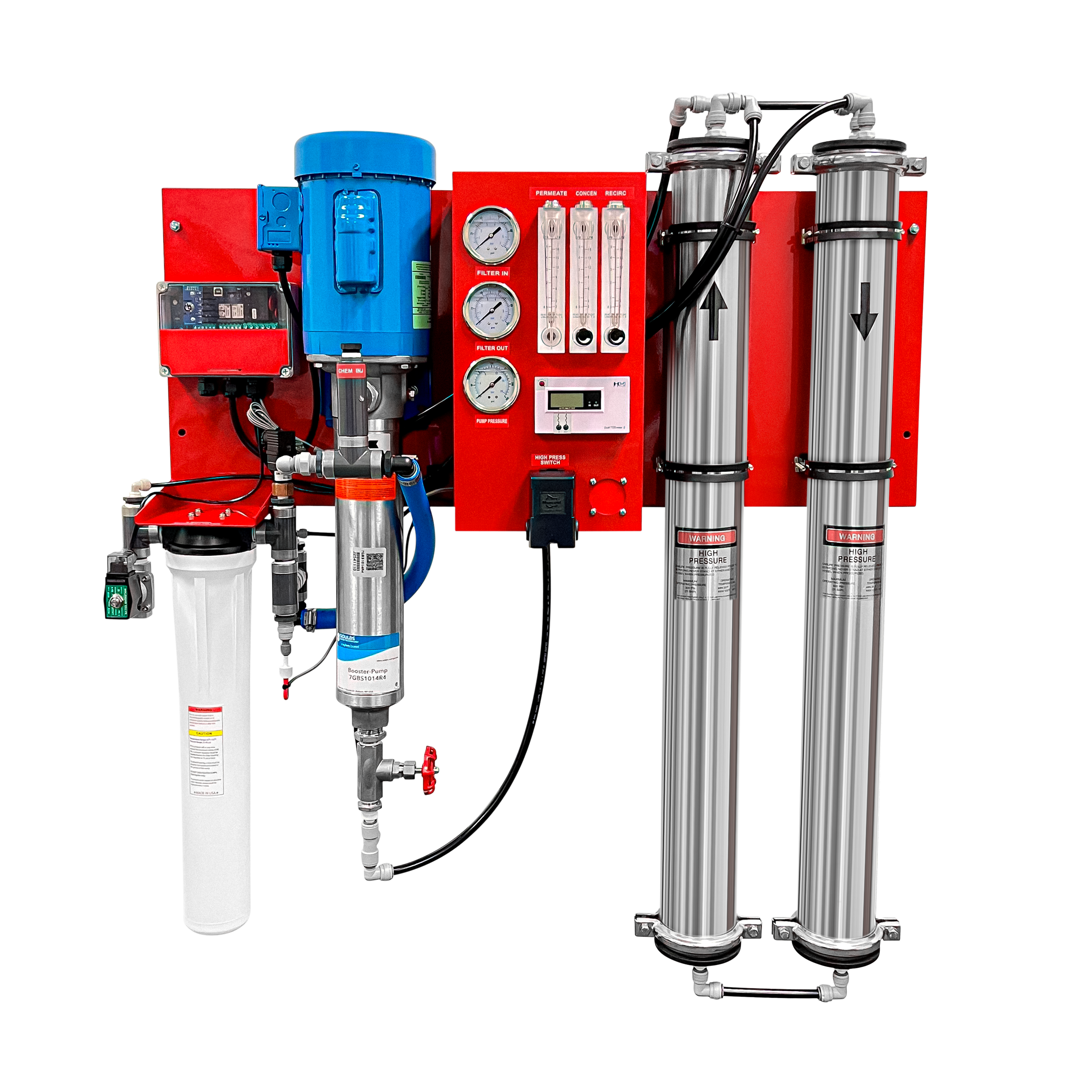 Commercial wall-mounted ROC Reverse Osmosis System with stainless steel housings and gauges.