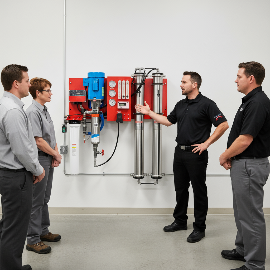 Commercial ROC Wall Mount RO system demonstration with a technician explaining the unit to workers inside a mechanical room.