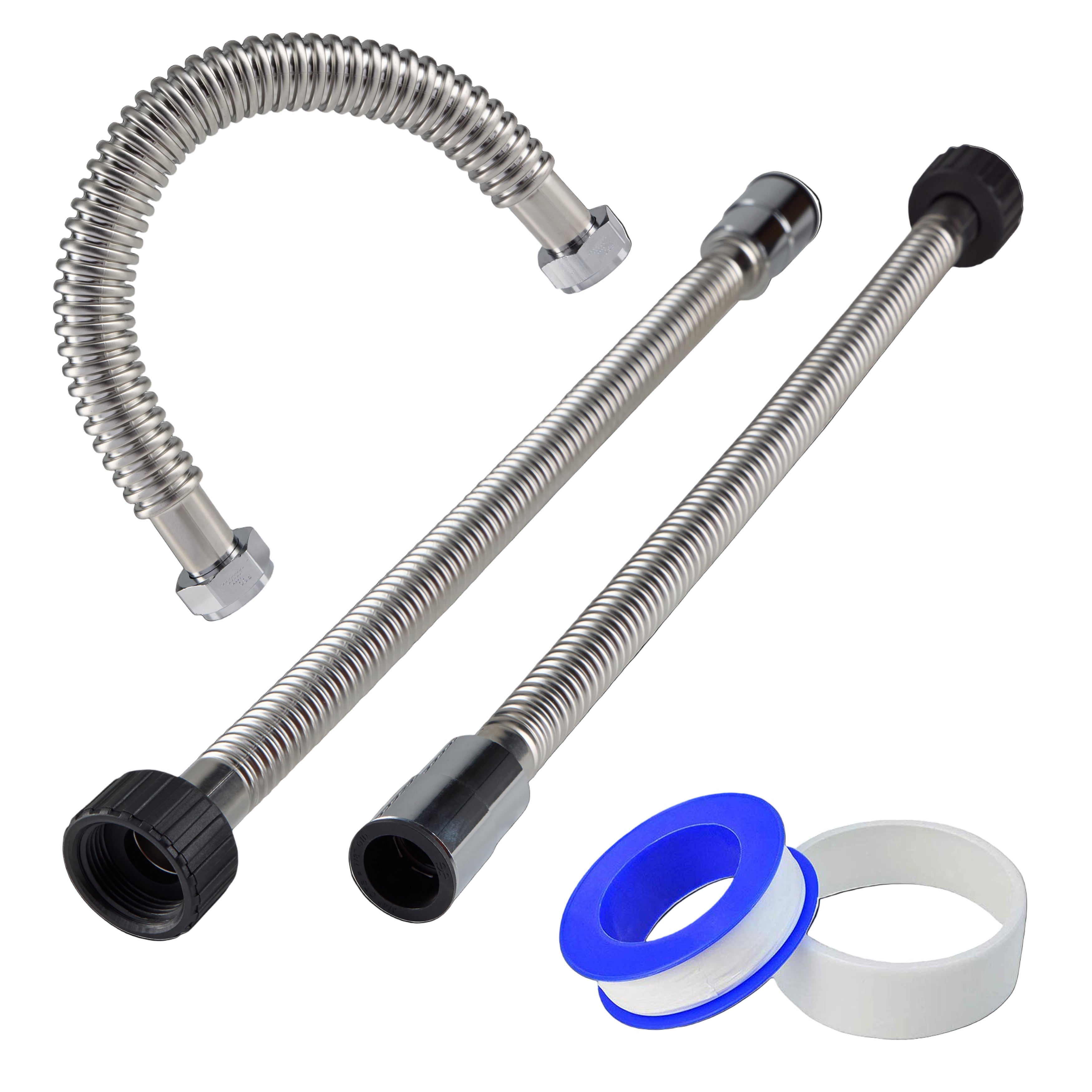Installation kit with stainless flex lines, FIP connector, and thread tape for Truly Soft Combo and Salt Free Combo water treatment systems