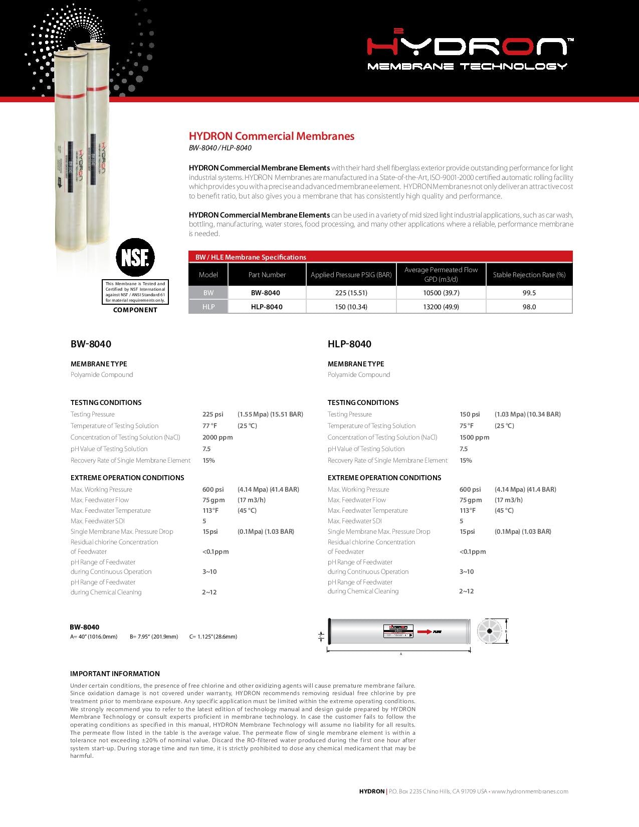 Hydron BW-8040 Commercial Reverse Osmosis Membrane | Hydron Membrane