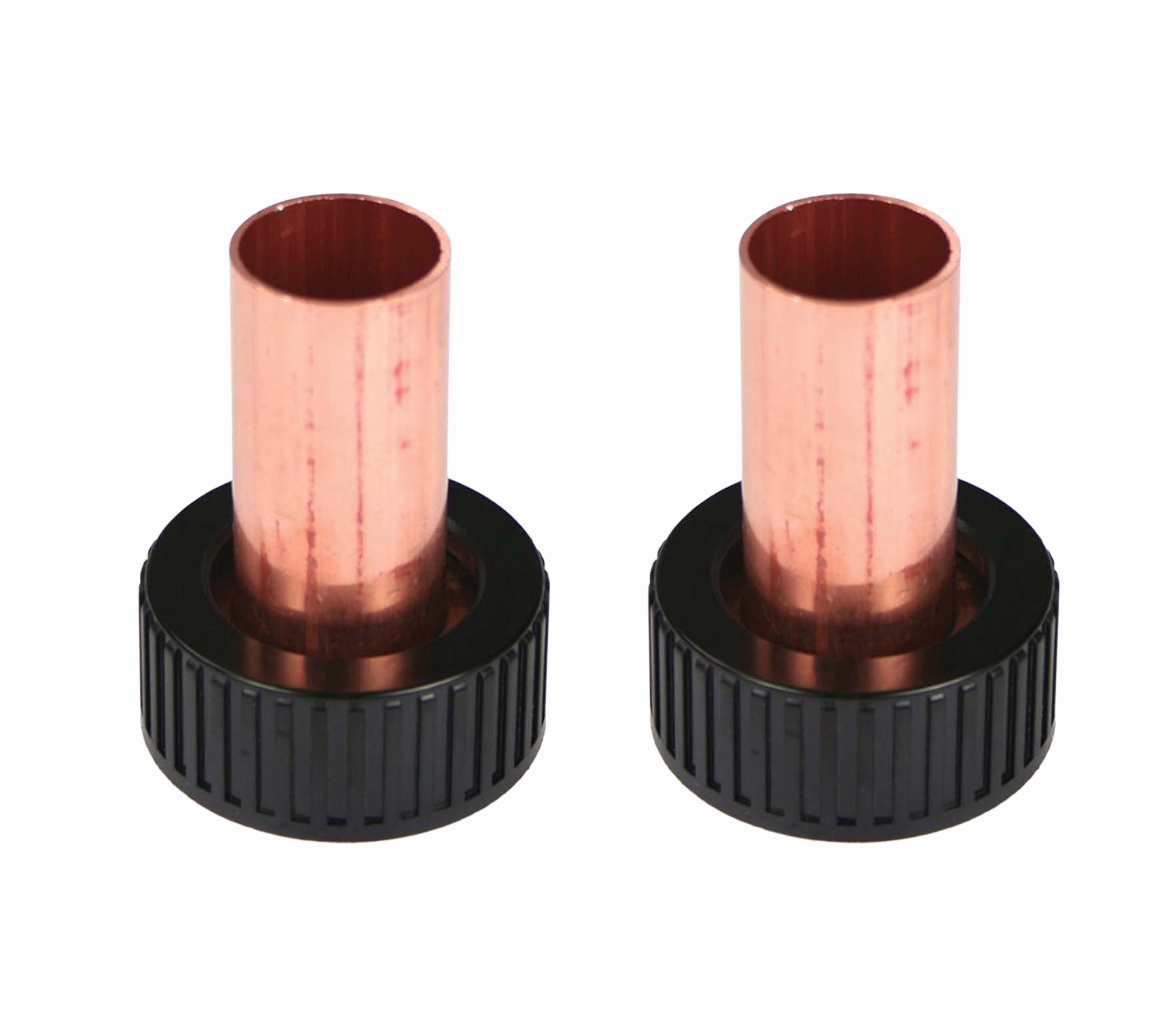 Two autotrol copper tails with black bases on a white background