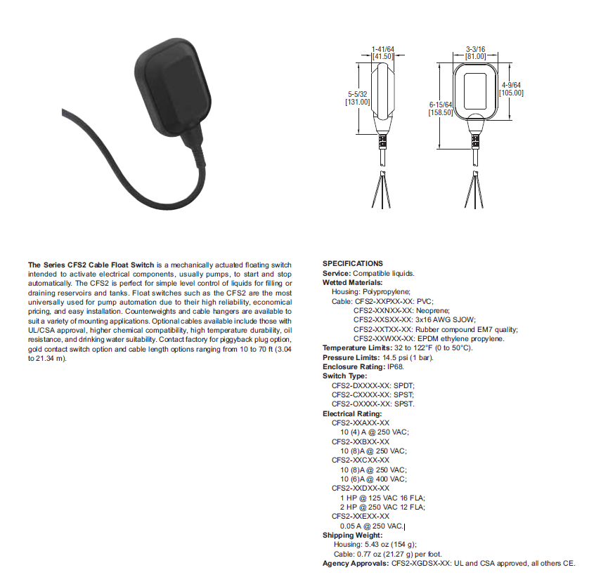 FLOAT SWITCH - 20' CORD AND SHUT-OFF SWITCH