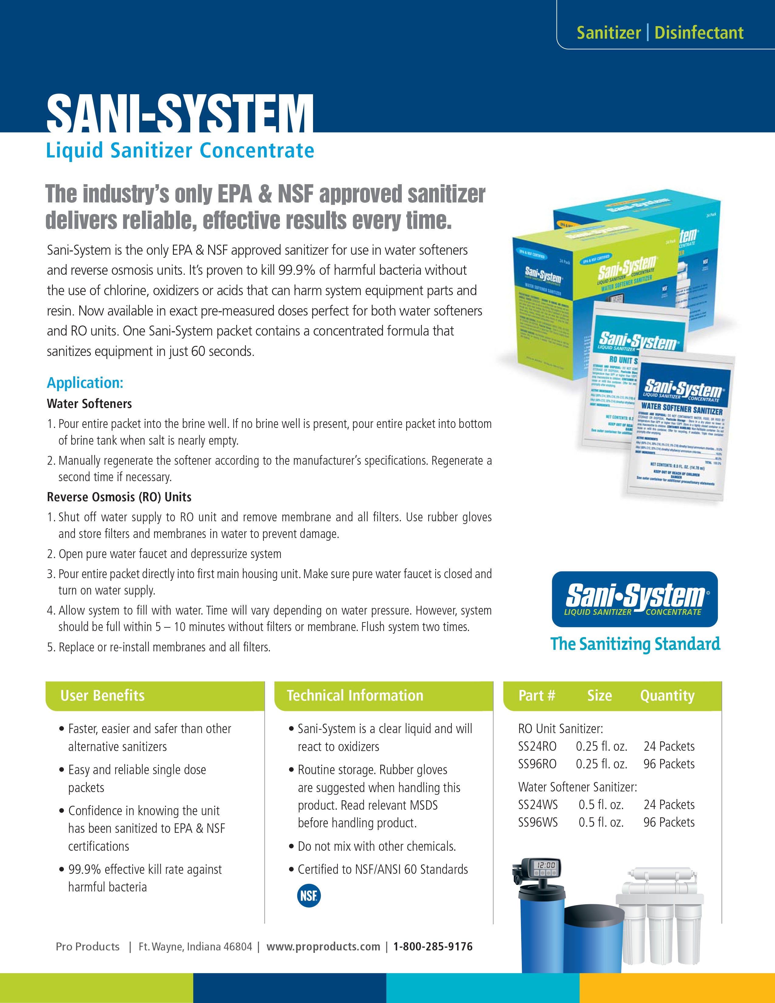 Sani-System | Reverse Osmosis Sanitation | .25Fl Oz Package | Sani-Systems Drinking Water System Sanitizer